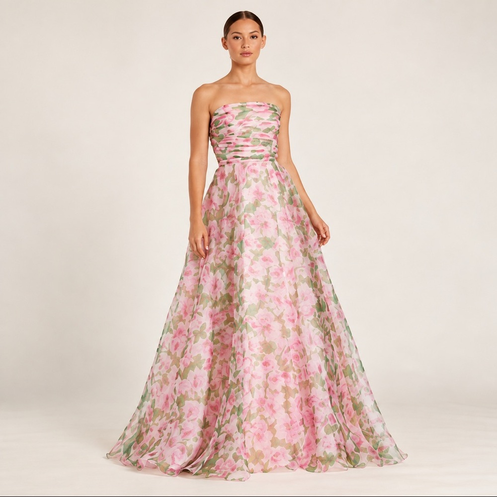 MAC DUGGAL Green/pink floral formal dress Strapless. S: 12, brand new with tags